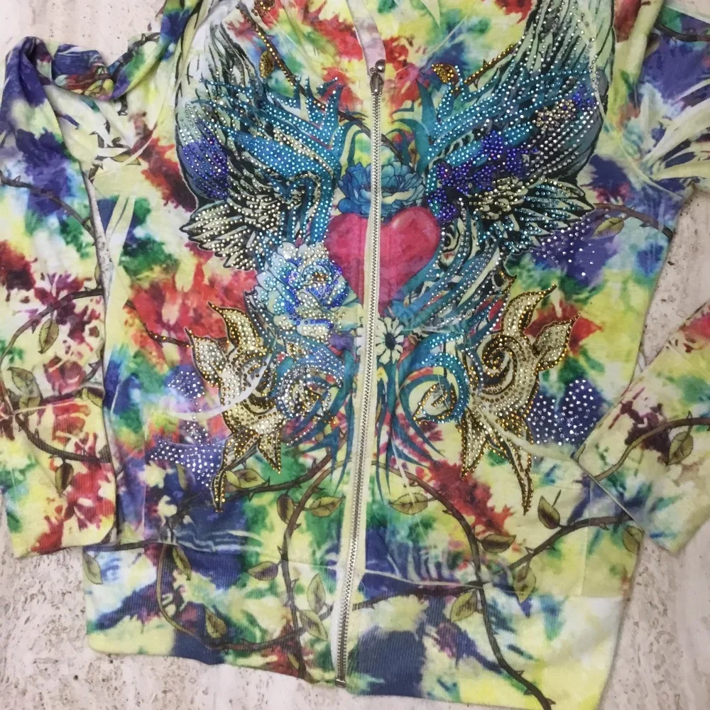 Vintage Zip-Up Multi-Color Rhinestone Hoodie Sweatshirt - Picture 5 of 7